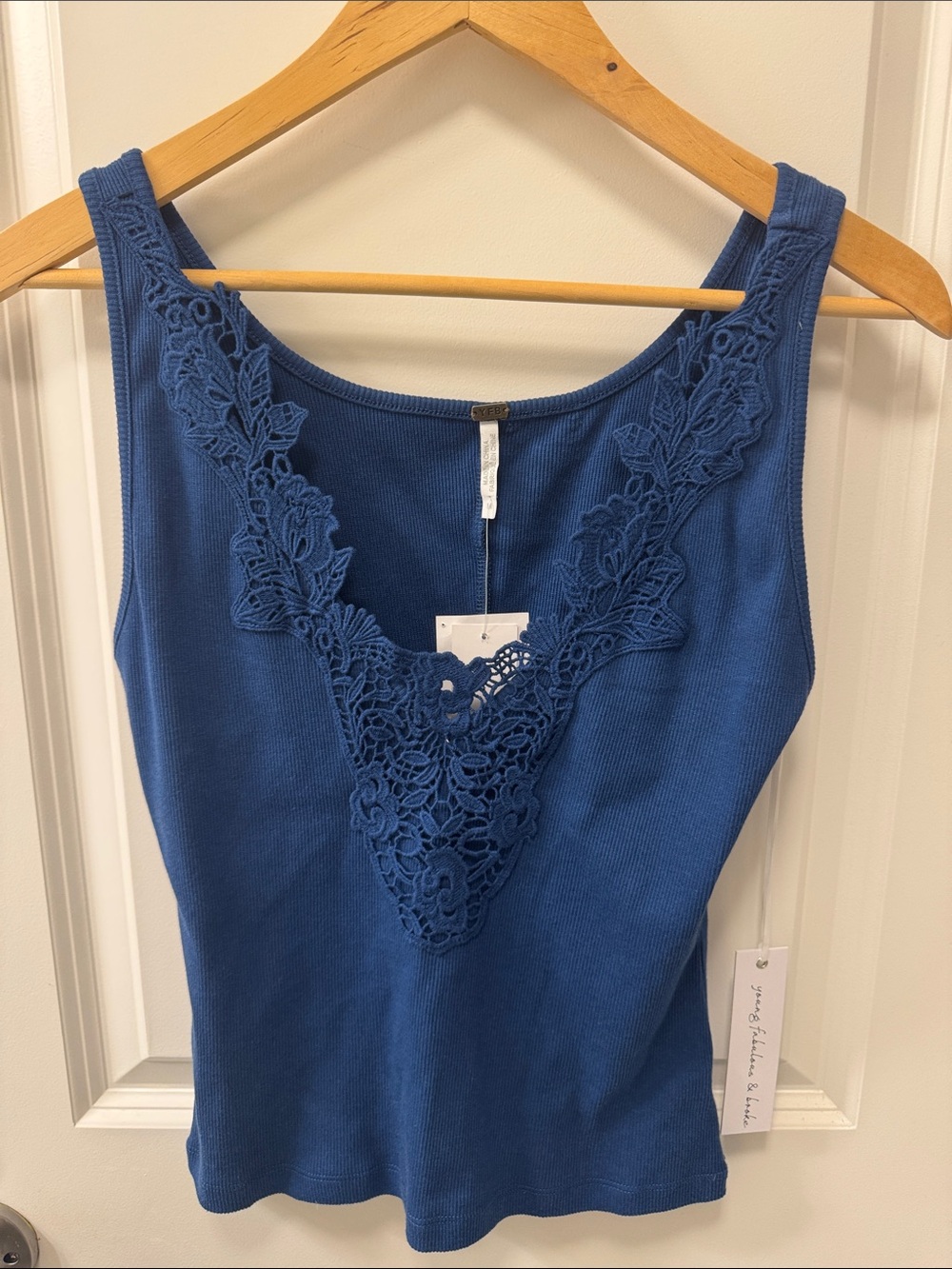 YFB Deep Blue Rosa Lace Embroidered Rib Tank Top Crochet-Trim size medium